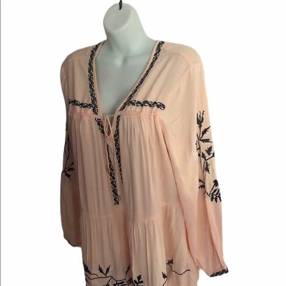 Venus BOHO Peasant Top Blouse Embroidered Size L Peach Lightweight Free Spirit - Picture 3 of 8